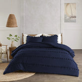 3 Pcs Luxury Duvet Set With Pom Pom Lace - Navy Blue